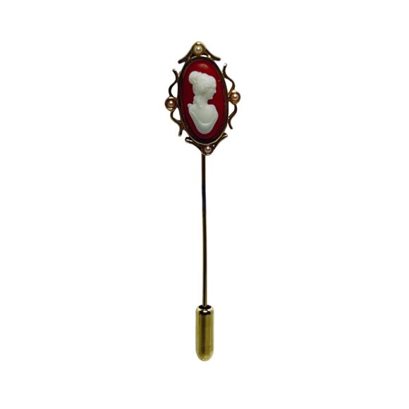 Vintage Avon Gold Tone Cameo & Faux Pearl Stick Pin (2158-1-2) - Picture 1 of 6